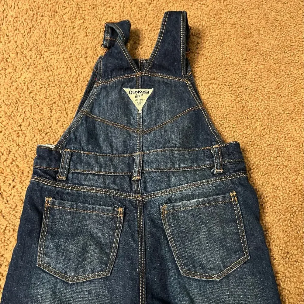 OshKosh B'Gosh Jean Overalls Baby Girls Size 24 Months w/ Red Bow Dark Wash